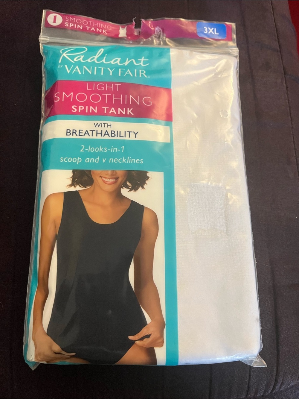 Vanity Fair Radiant Light Smoothing Spin Tank - Teal and Magenta Packaging
